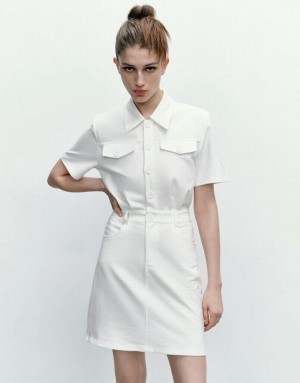 White Urban Revivo Standard Sleeve Lapel Straight Women's Dress | 92513RDQV