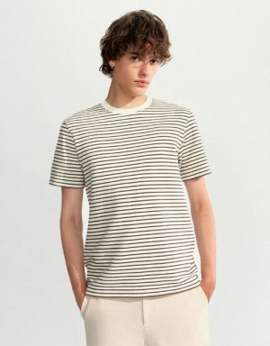 White Urban Revivo Striped Crew Neck Men's T-Shirts | 70642OQIX