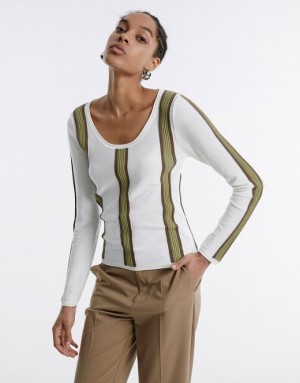 White Urban Revivo Striped Women's Sweaters | 91273SUDF