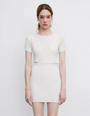 White Urban Revivo Surplice Tie Front Women's Knitted Dress | 84350ZTVS