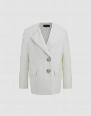 White Urban Revivo Tweed With Fake Pockets Women's Coats | 50289UKRS