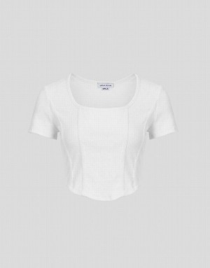 White Urban Revivo U Neck Skinny Women's T-Shirts | 98650CFOI