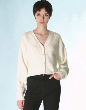 White Urban Revivo V-Neck Knitted Women's Cardigan | 16908LQOY