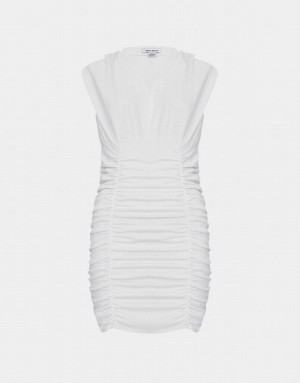 White Urban Revivo V Neck Ruched Sleeveless Bodycon Women's Casual Dress | 82750TFCE