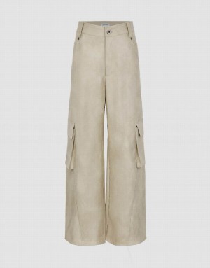 White Urban Revivo Vegan Leather Wide-Leg Women's Pants | 14865JKYI