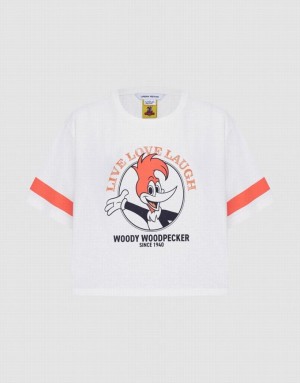 White Urban Revivo Woody Woodpecker Crop Women's T-Shirts | 26158RUDL