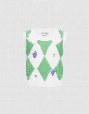 White / Green Urban Revivo Argyle Women's Tank Top | 34207OLHK