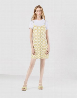 Yellow Urban Revivo 2 In 1 Checkered Floral Women's Denim Dress | 17460ZNHP