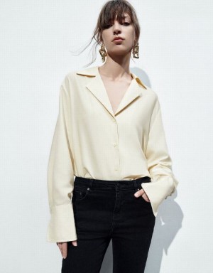 Yellow Urban Revivo Button Up Notch Lapel Women's Shirts | 04216PKGT