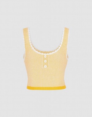 Yellow Urban Revivo Contrast Trim Half Button Knitted Women's Tank Top | 64209WCHP