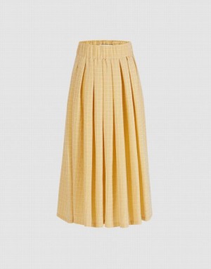 Yellow Urban Revivo Elastic Waist Plaid Skater Women's Skirts | 84261JYWV