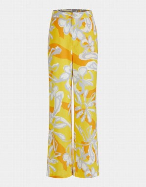 Yellow Urban Revivo Floral Jacquard Wide Leg Women's Pants | 20614NGRO