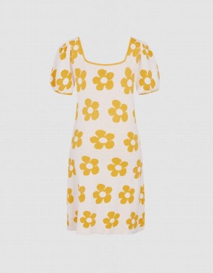 Yellow Urban Revivo Floral Pattern Puff Sleeve Women's Knitted Dress | 59786IPKC