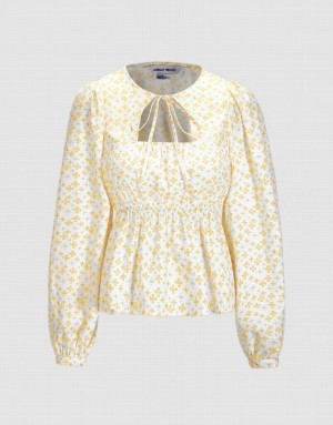 Yellow Urban Revivo Floral Print Cut Out Women's Blouse | 98157NPRA