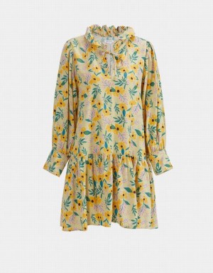 Yellow Urban Revivo Floral Print Knot Front Ruffle Hem Women's Casual Dress | 35207LRPA