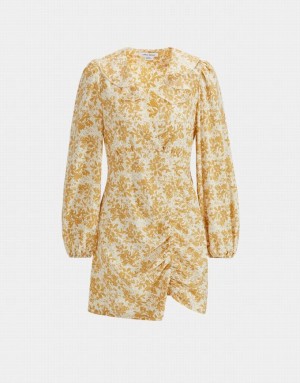 Yellow Urban Revivo Floral Print Ruffled Collar Ruched Women's Casual Dress | 36419FSYW