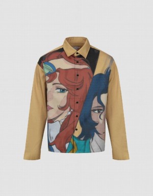 Yellow Urban Revivo Printed Loose Men's Shirts | 13698CNDU