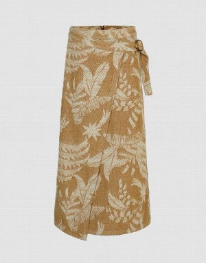 Yellow Urban Revivo Printed Midi A-Line Women's Denim Skirt | 47502IHGP