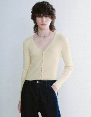 Yellow Urban Revivo V-Neck Knitted Women's Cardigan | 18627RQHL