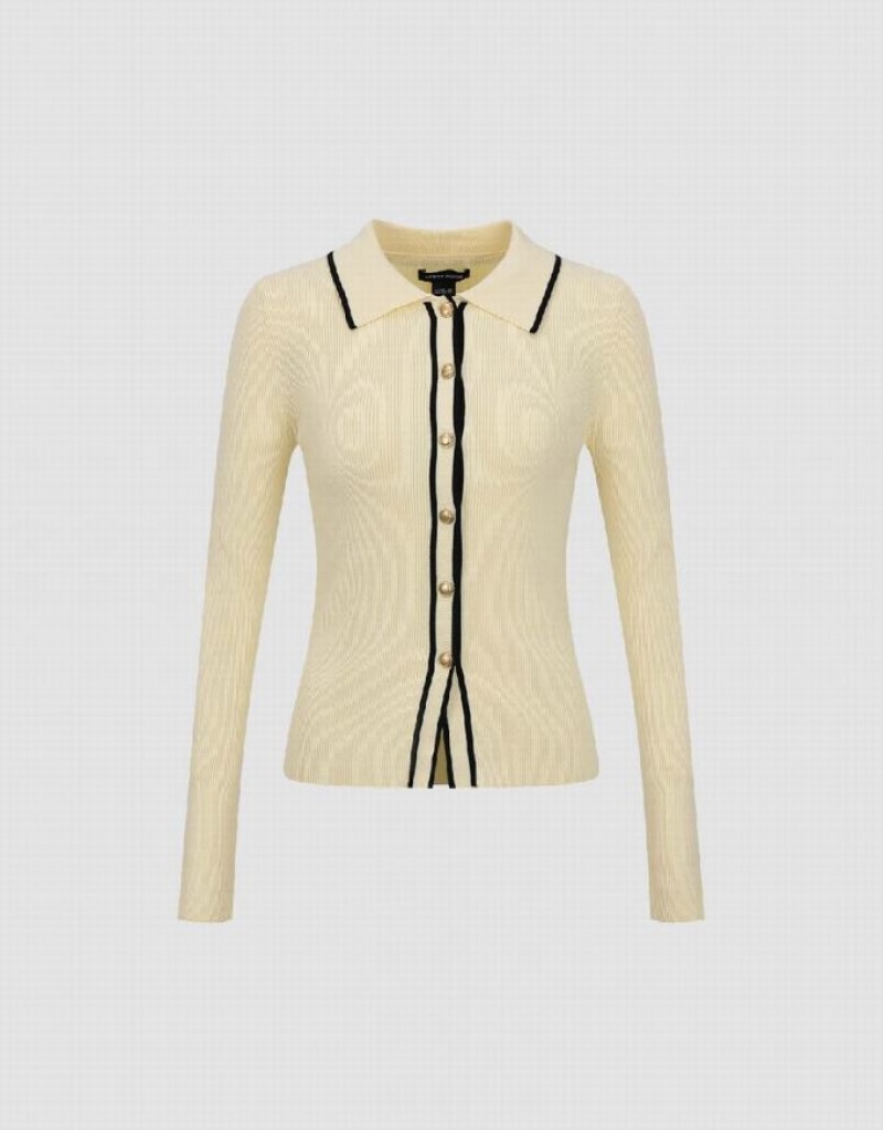 Beige Urban Revivo Contrast Trim Knitted Women's Cardigan | 90247VTQX