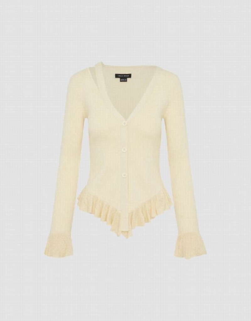 Beige Urban Revivo Ruffle Hem V-Neck Knitted Women's Cardigan | 39402DVUA