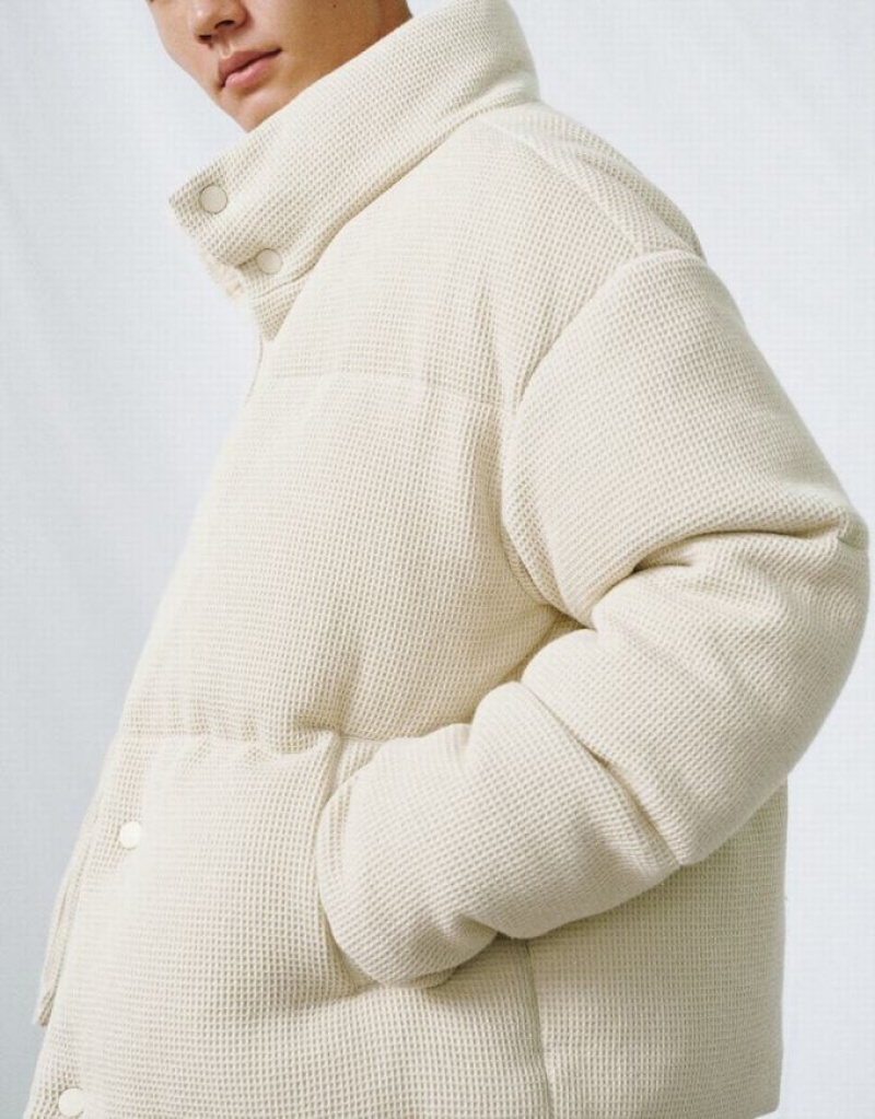 Beige Urban Revivo Stand Collar Straight Men's Down Jackets | 16738HQKM