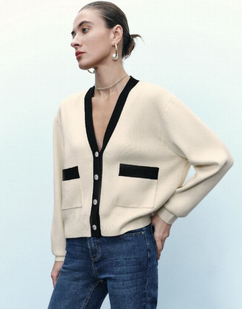 Beige Urban Revivo V-Neck Knitted Women's Cardigan | 10485UDPS