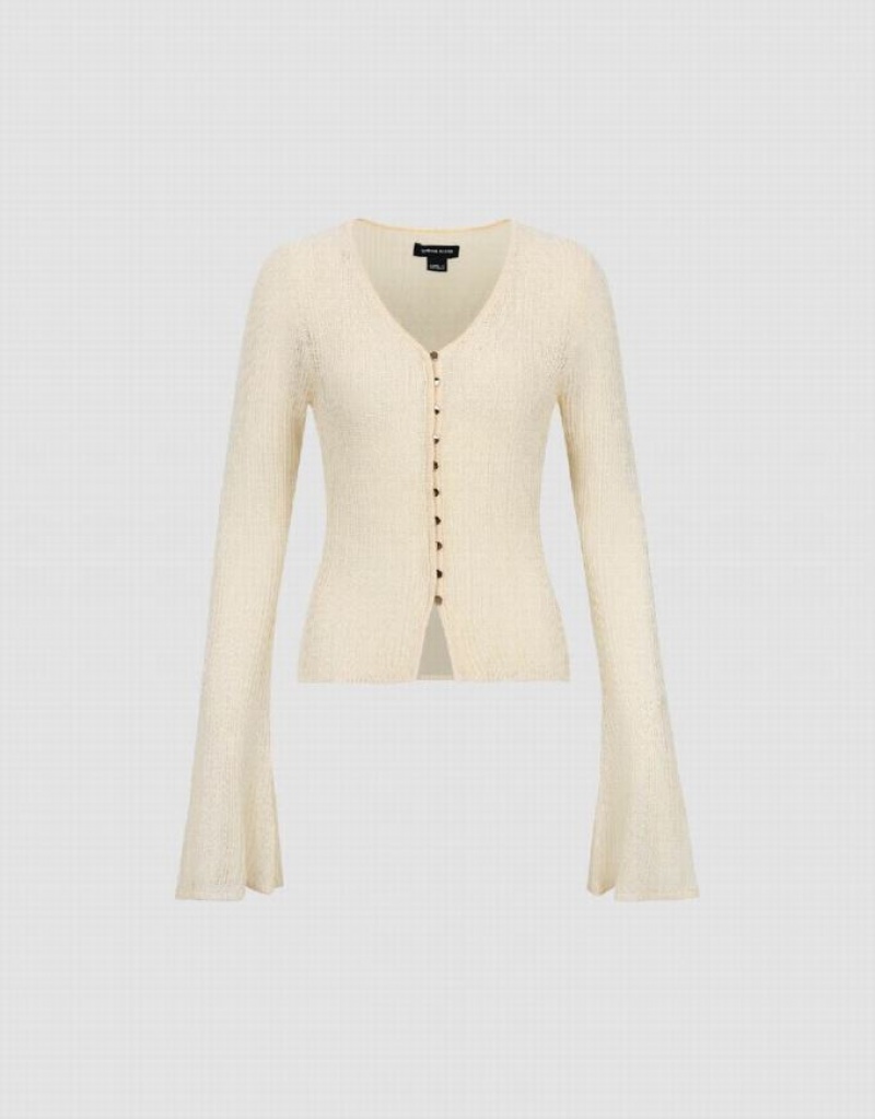 Beige Urban Revivo V-Neck Skinny Knitted Women's Cardigan | 79538JRBZ