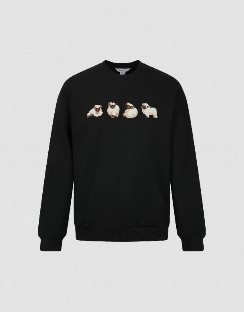 Black Urban Revivo Animals Printed Crew Neck Men's Sweatshirts | 31506DMFU