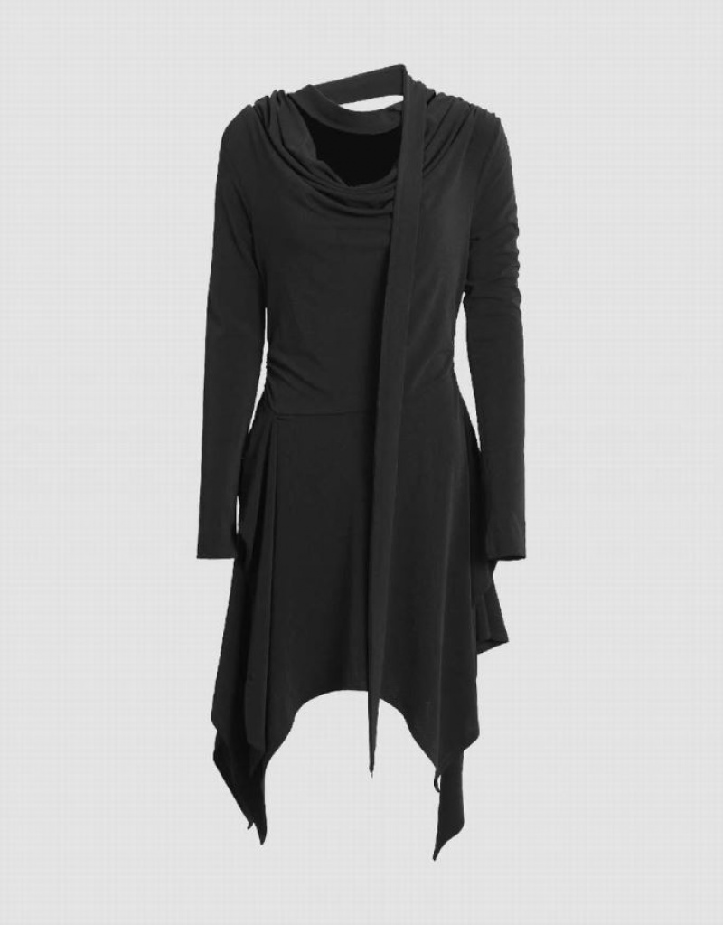 Black Urban Revivo Asymmetric Cowl Neck Skinny Women's Dress | 23418WYIV