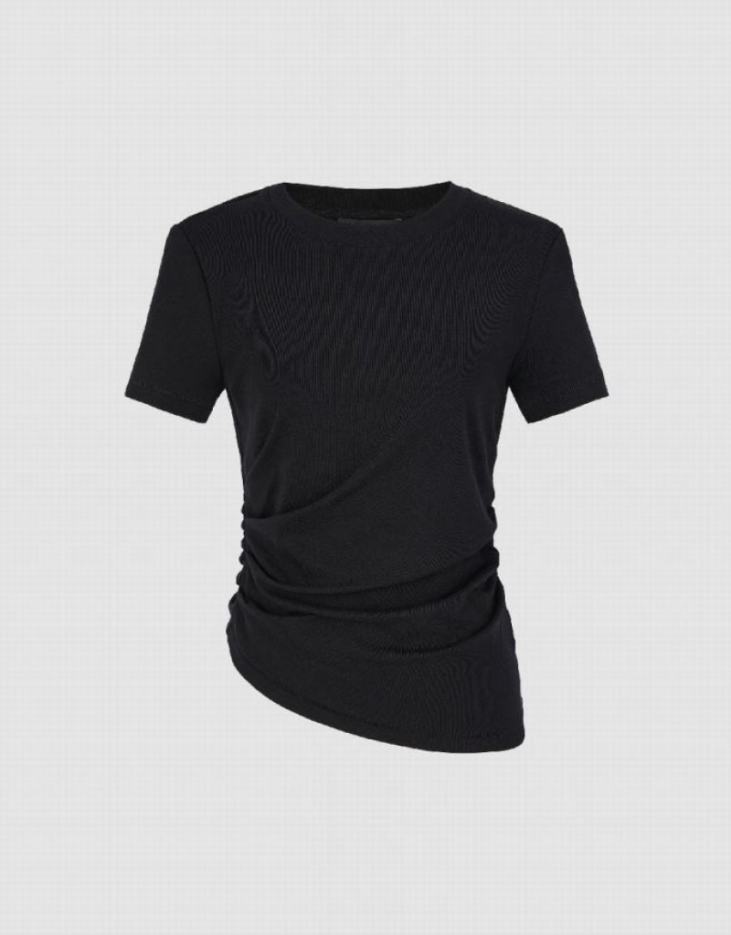 Black Urban Revivo Asymmetric Ruched Women's T-Shirts | 04921MVSO