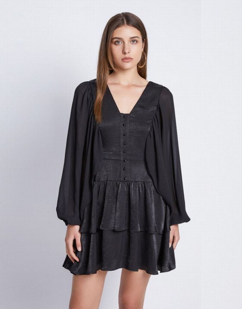 Black Urban Revivo Batwing Button Front Tiered Ruffle Hem Women's Casual Dress | 76350LZSN