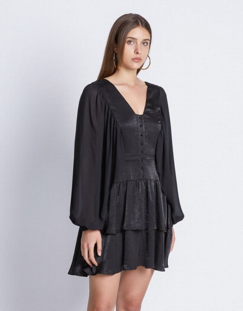 Black Urban Revivo Batwing Button Front Tiered Ruffle Hem Women's Casual Dress | 76350LZSN