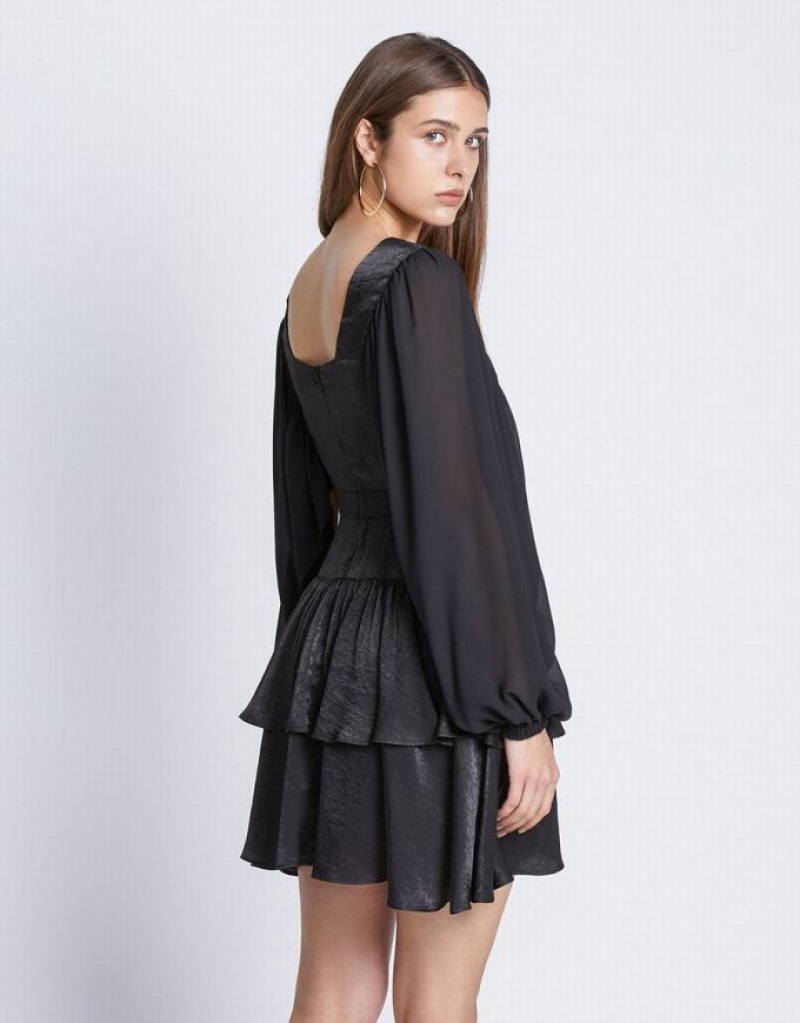 Black Urban Revivo Batwing Button Front Tiered Ruffle Hem Women's Casual Dress | 76350LZSN