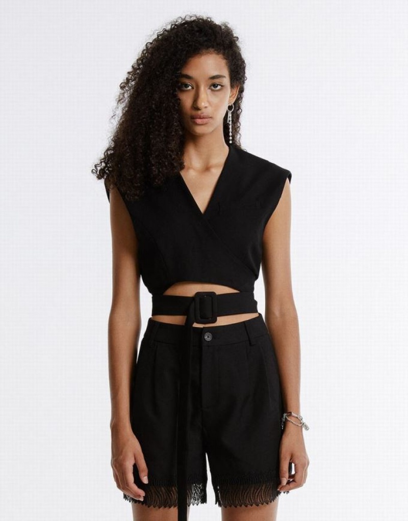 Black Urban Revivo Buckle Belted Women's Vest | 39150CHUD