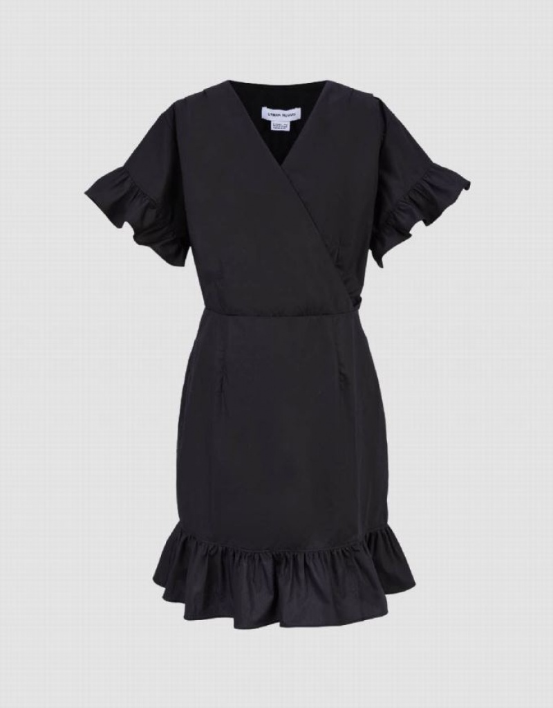 Black Urban Revivo Butterfly Sleeve V-Neck Skater Women's Short Dress | 34186FMBA