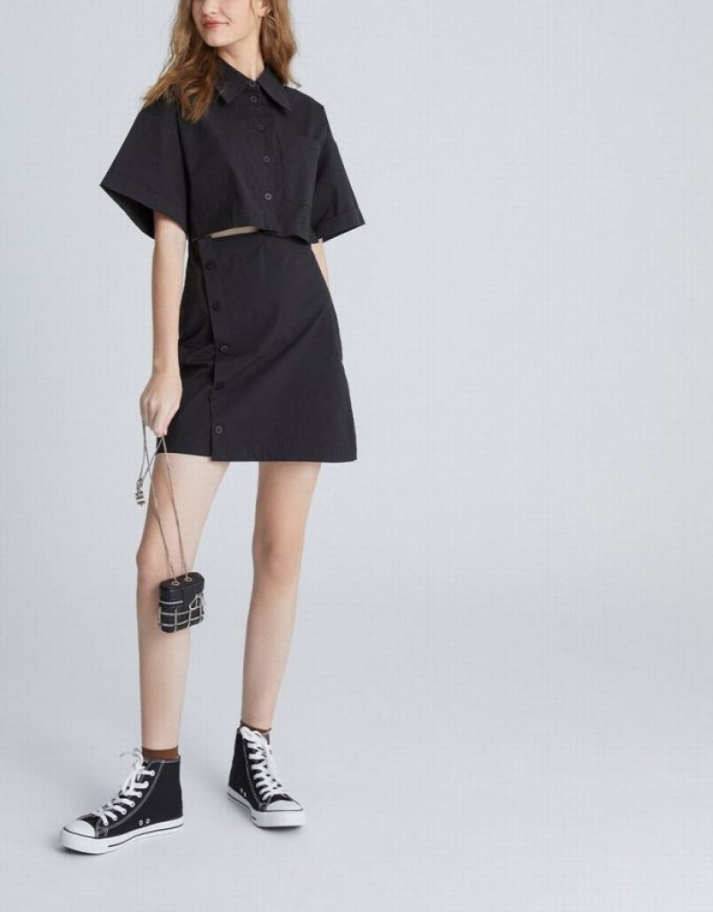 Black Urban Revivo Button Down A-Line Collar Women's Shirt Dress | 40973JUEN