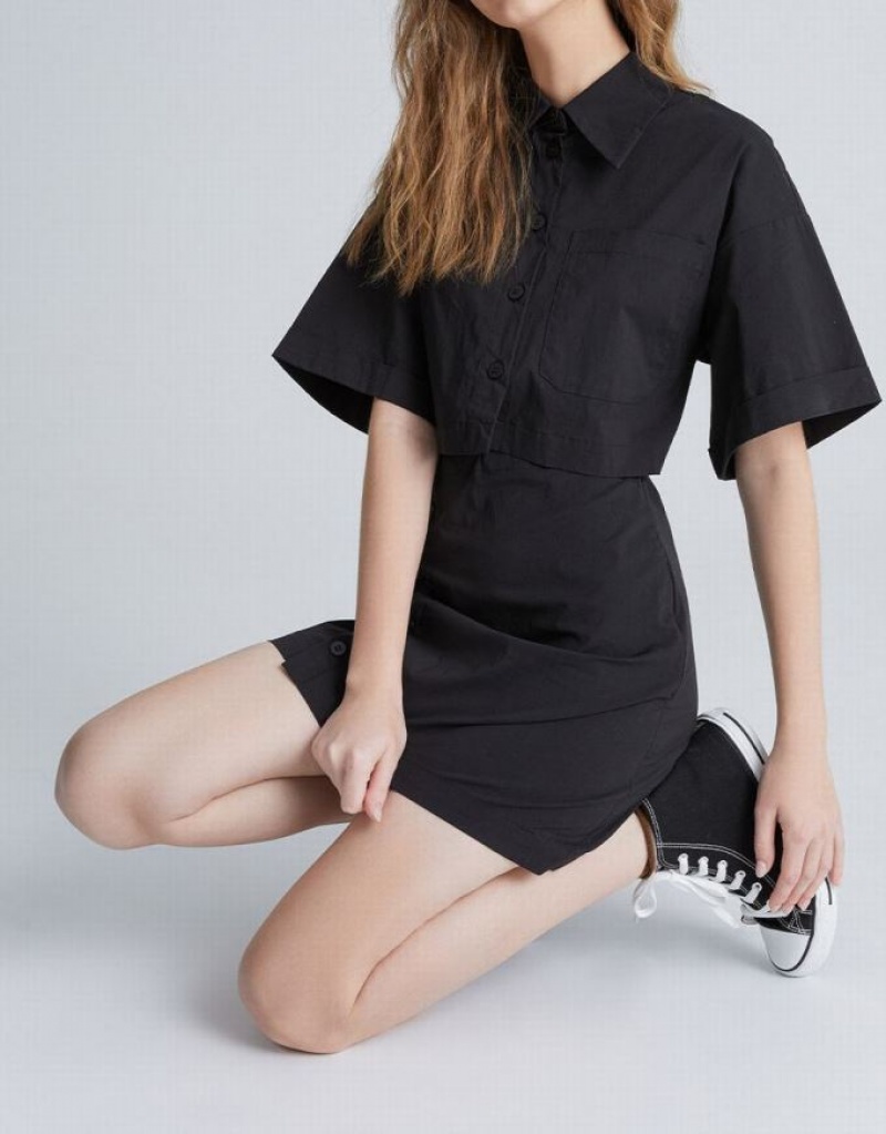 Black Urban Revivo Button Down A-Line Collar Women's Shirt Dress | 40973JUEN