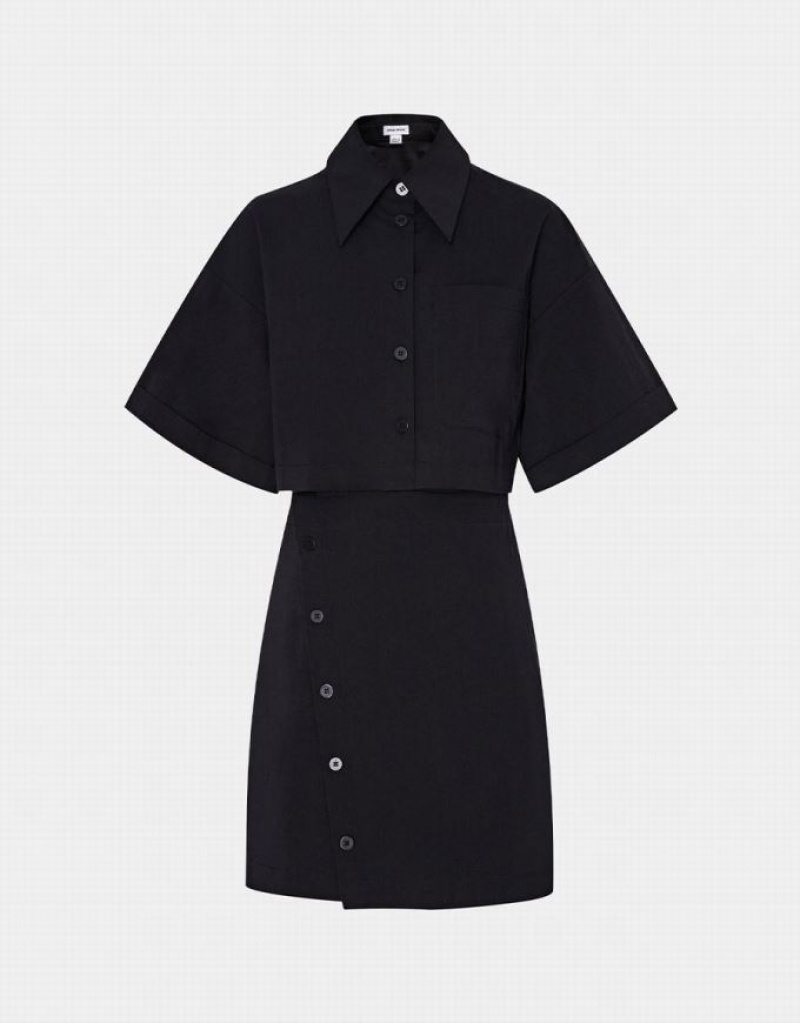 Black Urban Revivo Button Down A-Line Collar Women\'s Shirt Dress | 40973JUEN