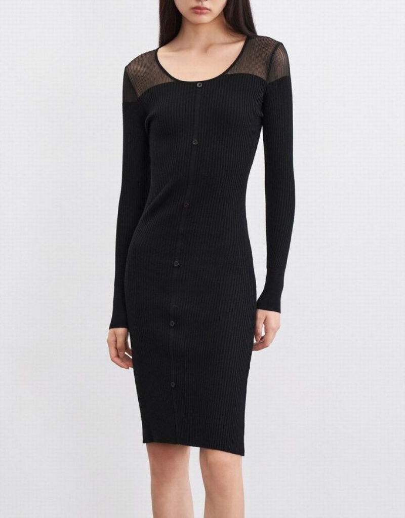 Black Urban Revivo Button Front Bodycon Rib Women's Knitted Dress | 38219MEOI