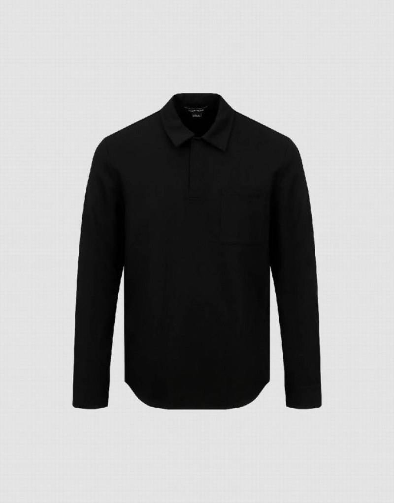 Black Urban Revivo Button Half Placket Straight Men's Polo Shirts | 79246QVUZ