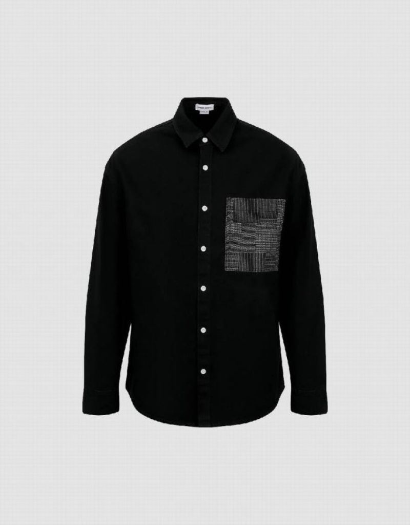 Black Urban Revivo Button Up Loose Denim Men's Shirts | 67528ZHNW