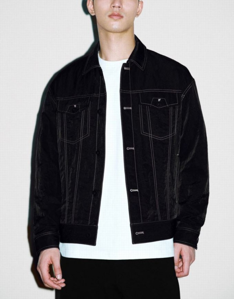 Black Urban Revivo Button Up Loose Men's Jacket | 59801XPGY