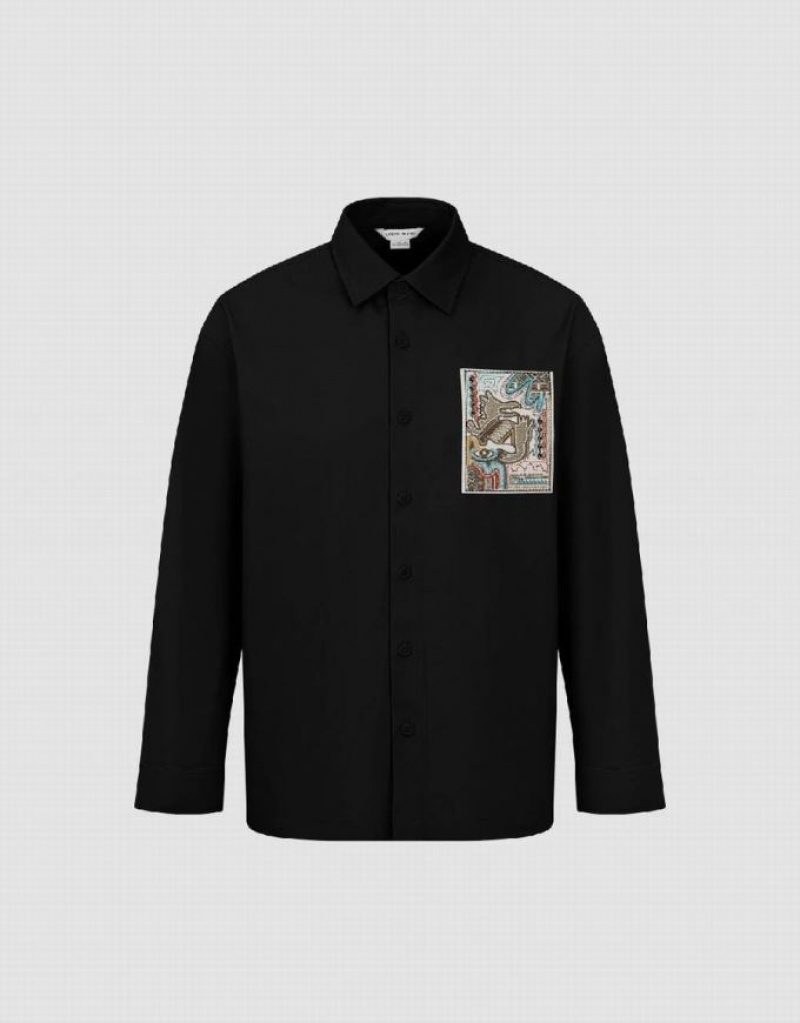 Black Urban Revivo Button Up Loose Men's Shirts | 68470OBYW