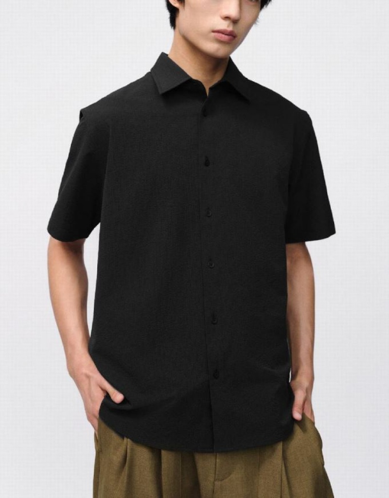 Black Urban Revivo Button Up Loose Men's Shirts | 34981YRJX