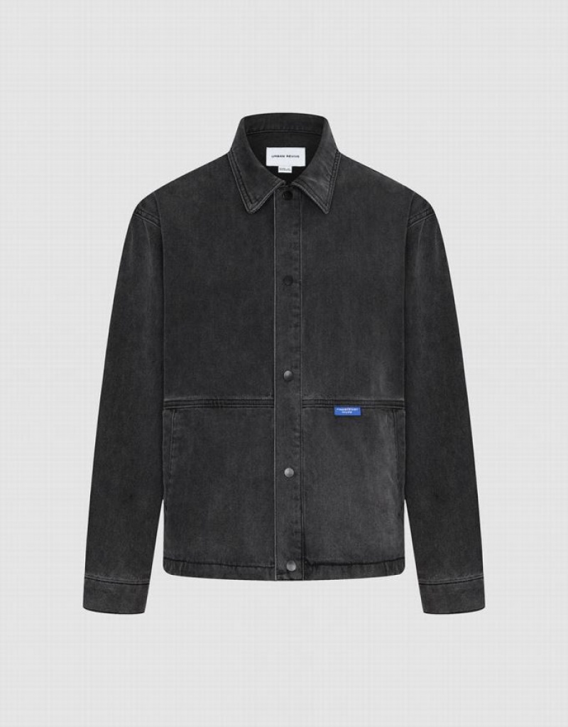 Black Urban Revivo Button Up Men's Denim Jackets | 10392BEMH