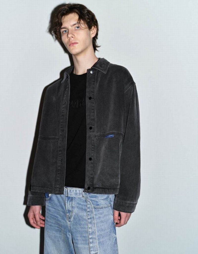 Black Urban Revivo Button Up Men's Denim Jackets | 10392BEMH