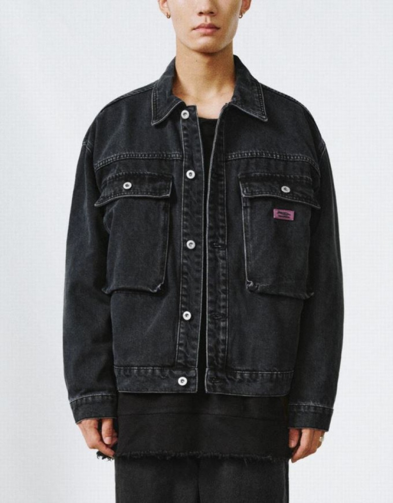 Black Urban Revivo Button Up Men's Denim Jackets | 63740CUMH