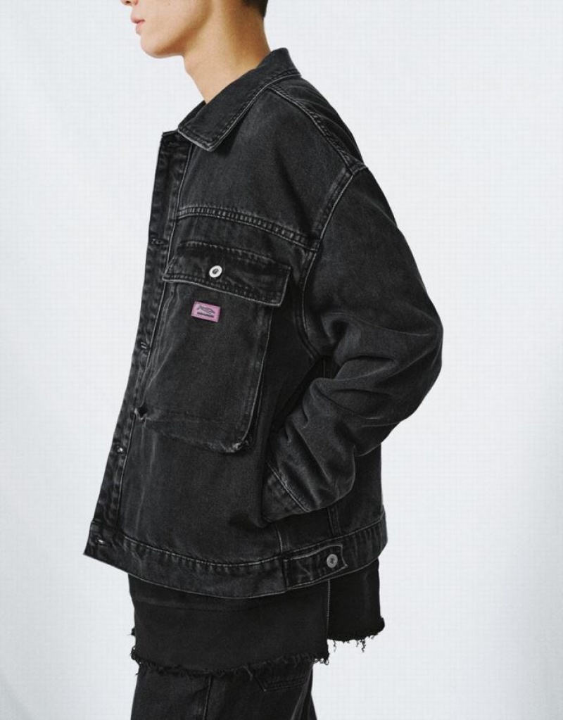 Black Urban Revivo Button Up Men's Denim Jackets | 63740CUMH