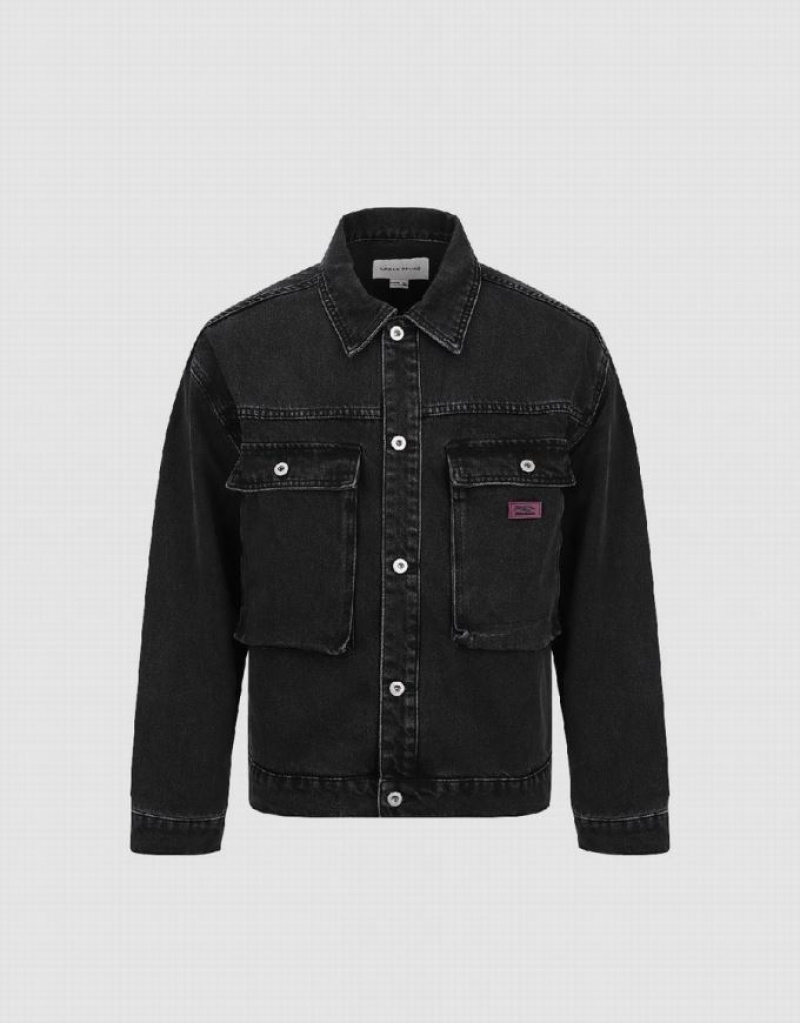 Black Urban Revivo Button Up Men\'s Denim Jackets | 63740CUMH